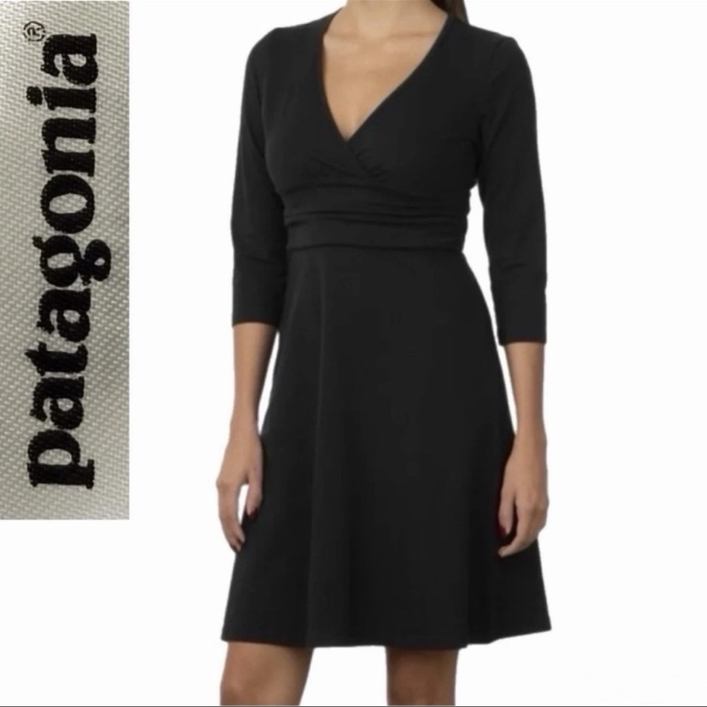 Patagonia Margot Black Faux wrap VNeck dress 3/4 Length Sleeve Sz S sustainable